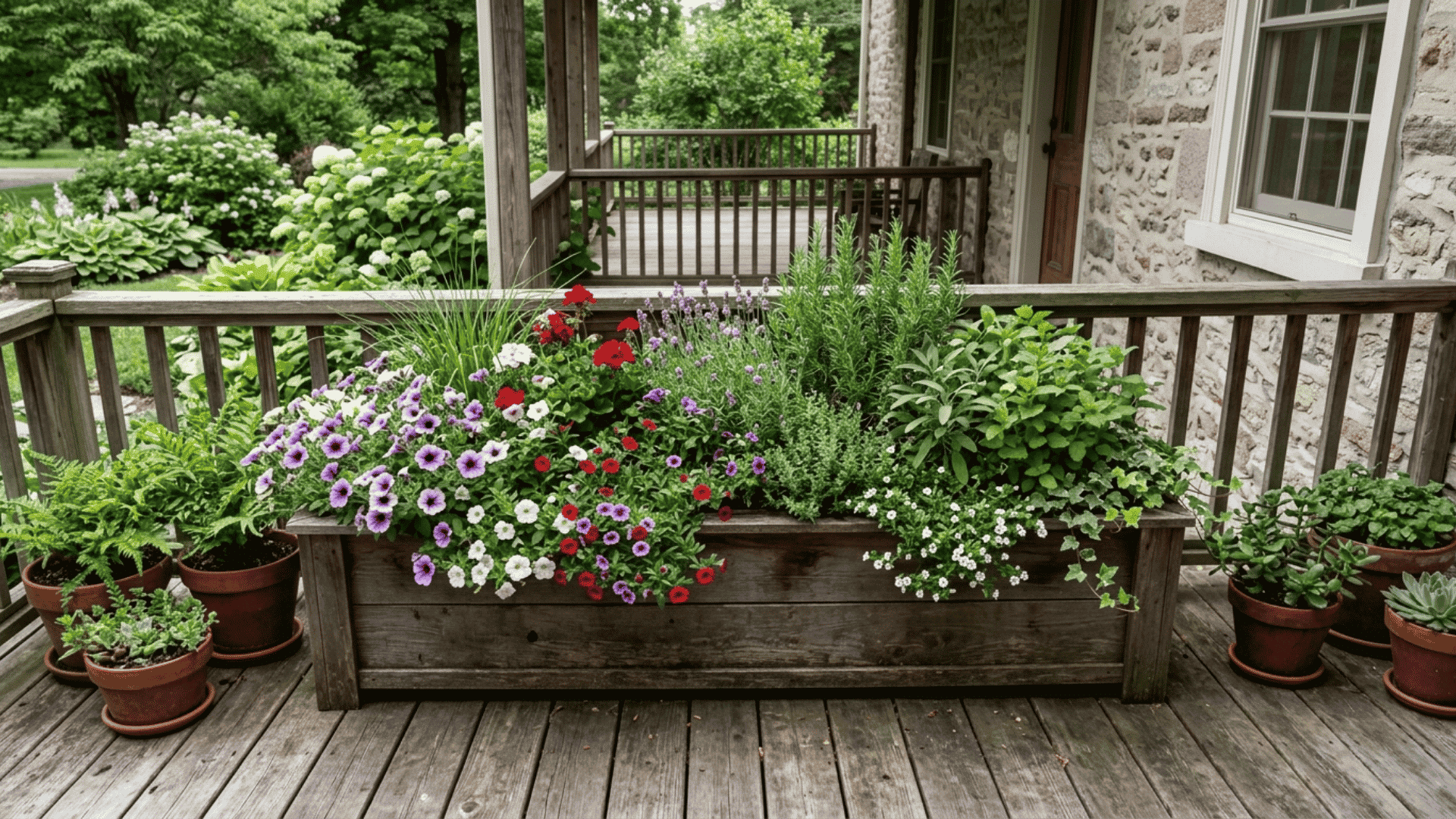 Wooden porch flower box filled with purple, pink, red, and white flowers, surrounded by potted plants on a wooden deck.