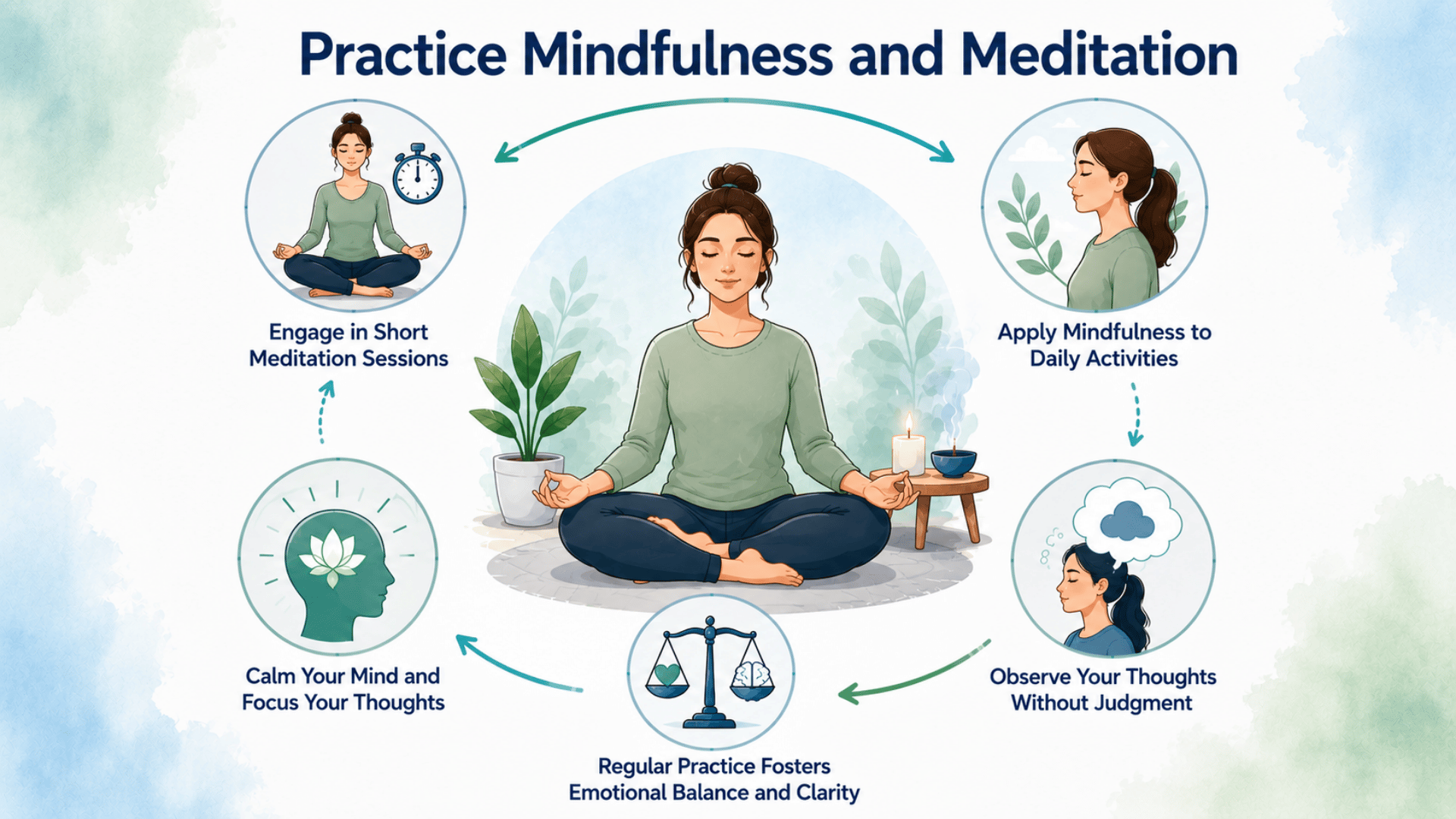Infographic showing mindfulness and meditation steps with icons for meditation, presence, observing thoughts, and emotional balance.