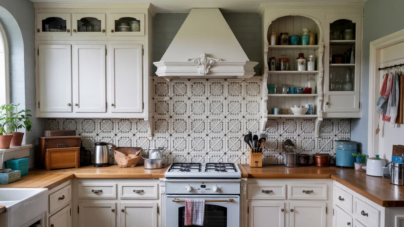 Vintage-style decorative pressed tin panels with a detailed metallic finish acting as a kitchen backsplash.