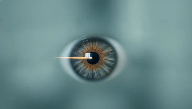 Close-up of a human eye with a laser beam reflecting off the iris