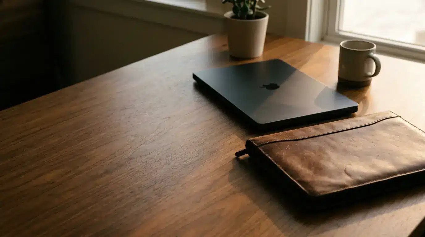 Laptop, leather notebook, and mug on wooden desk near window with natural light