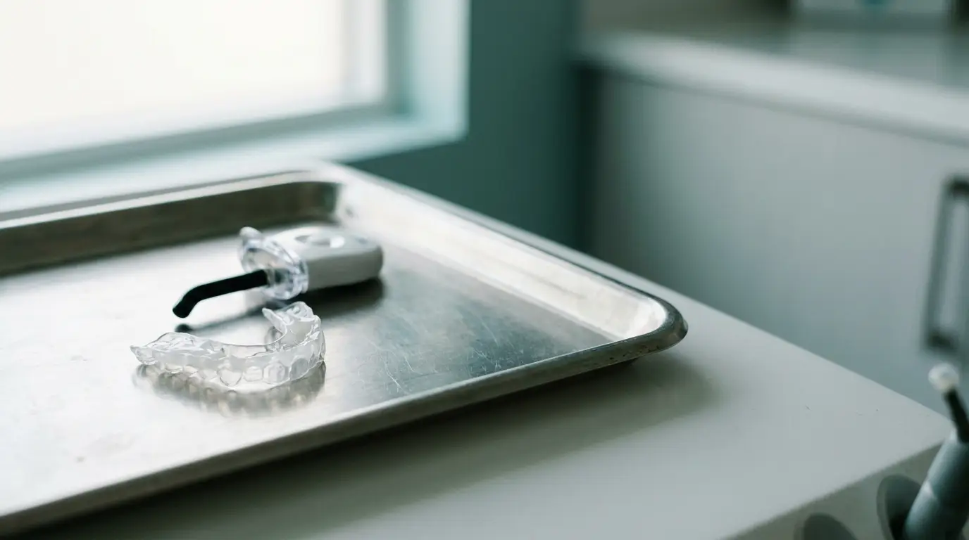 Dental tray with teeth aligner and whitening device in bright clinical setting