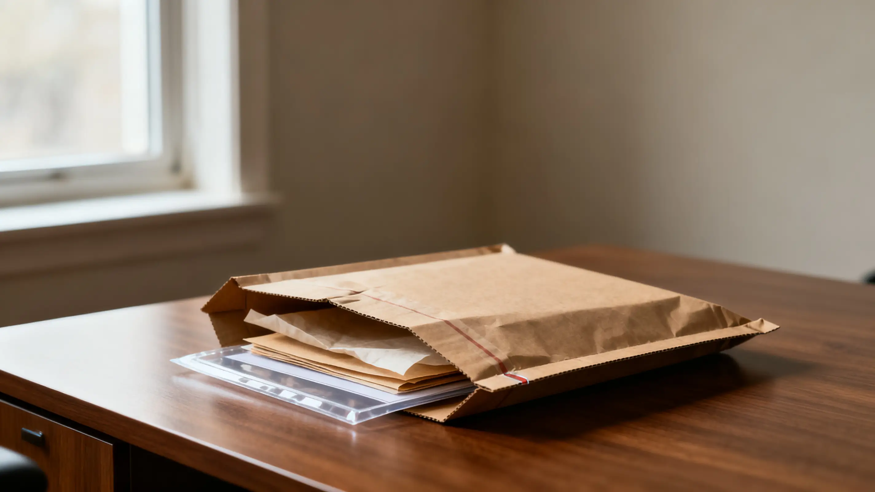 Brown envelope filled with documents on wooden desk near window in softly lit office
