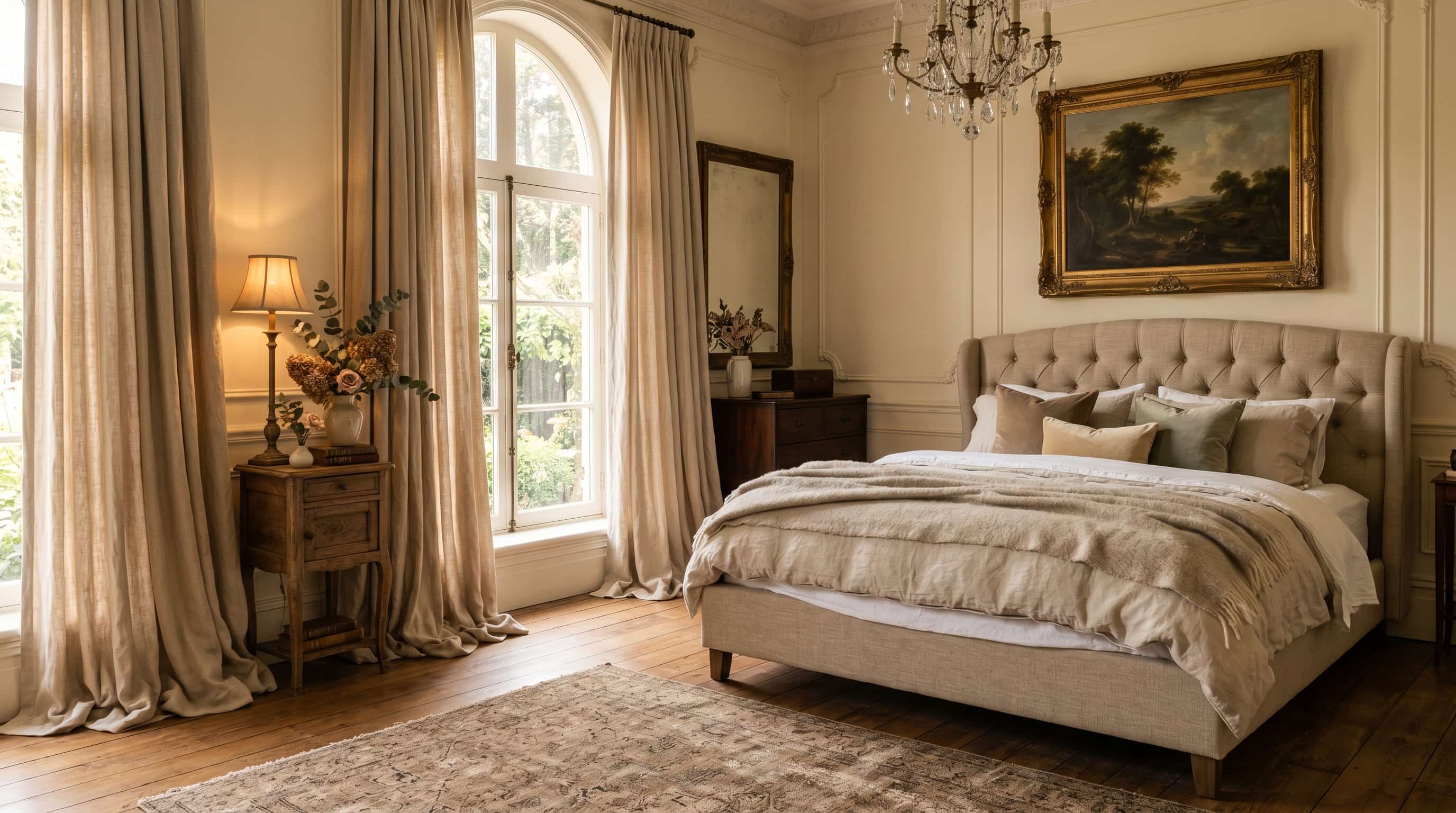 Puddle-length curtains pooling elegantly on the floor beside a cozy bedroom with classic furnishings.
