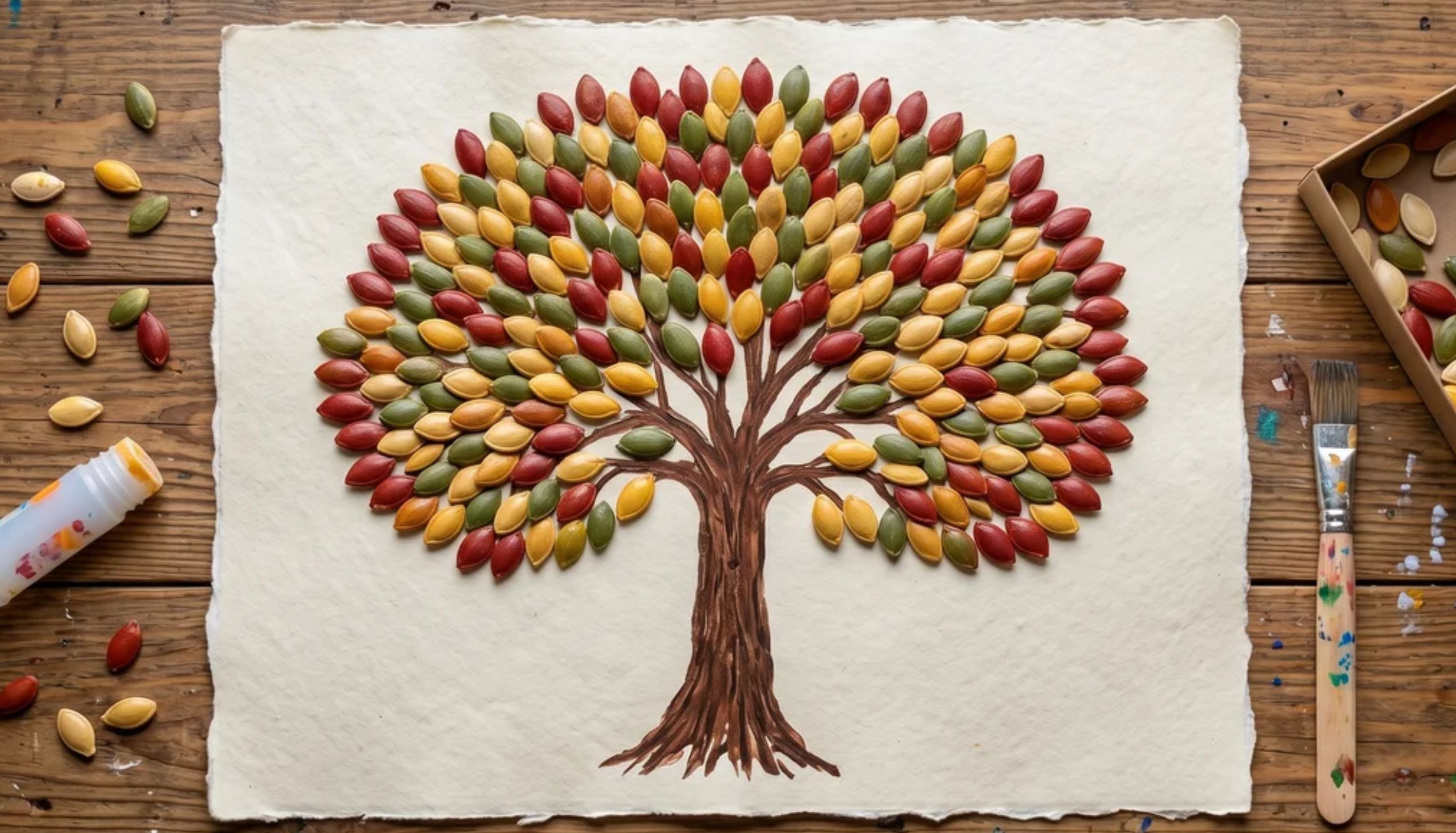 Tree artwork made from colorful seeds, perfect for easy thanksgiving crafts.