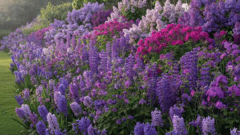 Vibrant purple wildflowers blooming in a lush garden border with varied textures and sunlight filtering through greenery.