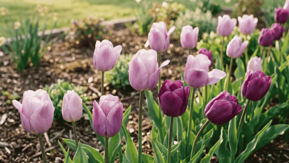 A single purple tulip with smooth, deep violet petals catching early morning golden hour light.