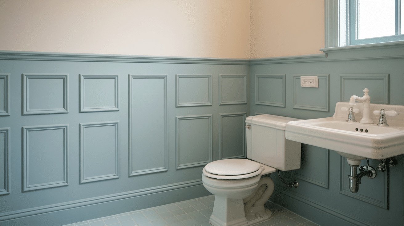 A classic bathroom featuring light gray-blue PVC wainscoting panels, a white toilet, and a pedestal sink.