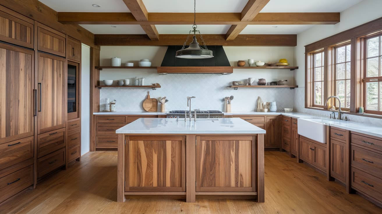 Craftsman kitchen with quarter-sawn oak cabinets, a central island, and exposed ceiling beams.
