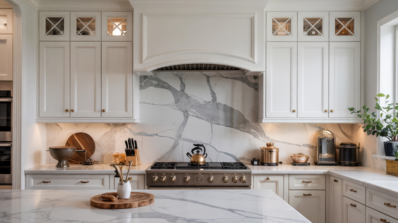A premium solid quartzite slab backsplash featuring elegant natural patterns behind a kitchen counter.