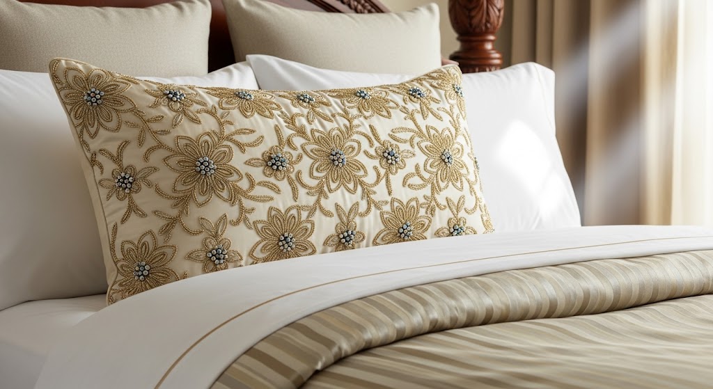 A queen bed sham featuring an intricate gold and beige floral embroidery pattern on a neatly styled bed.