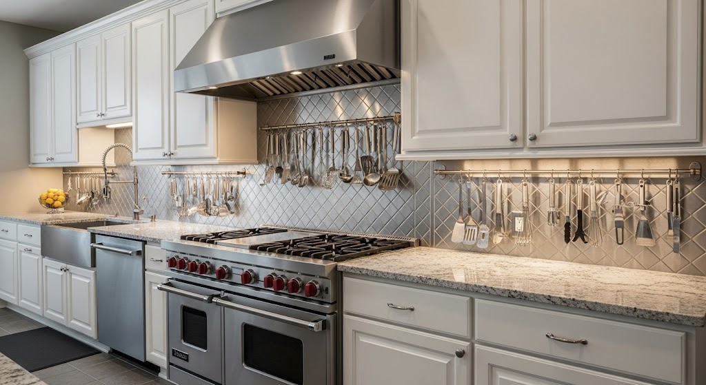 A commercial-style kitchen featuring a textured diamond-pattern quilted stainless steel sheet backsplash.