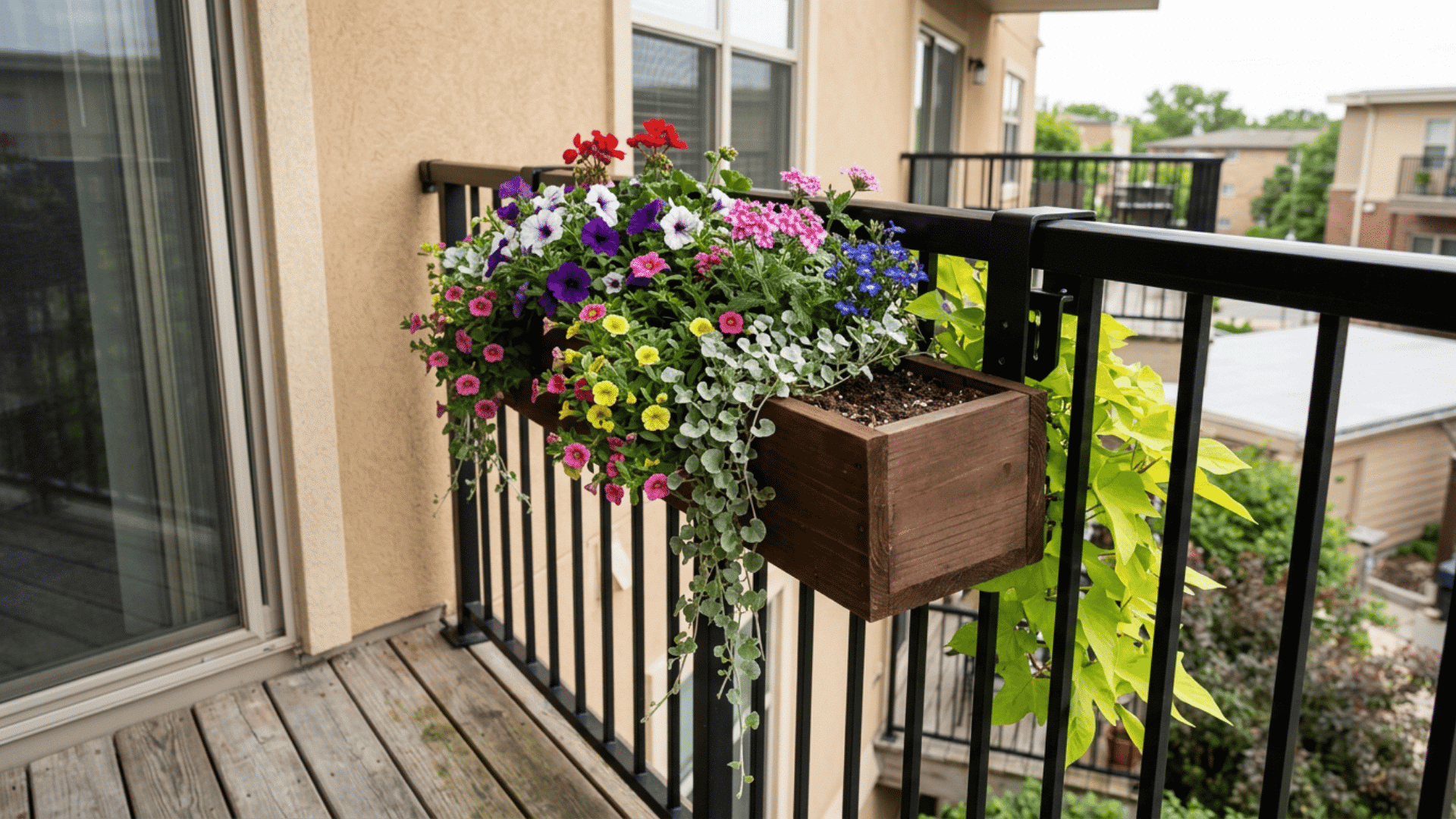 Wooden railing box attached to a balcony, filled with purple, pink, red, white flowers and trailing greenery.