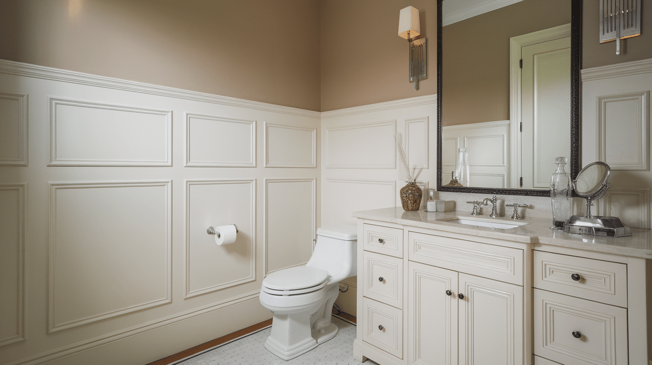 A traditional beige bathroom featuring elegant white raised panel wainscoting and a matching double vanity.
