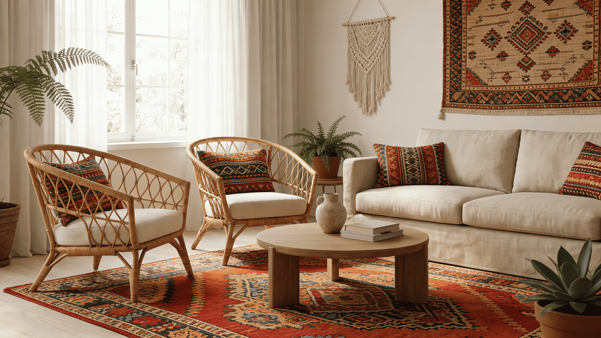Rattan chairs arranged around a coffee table in a living room with neutral decor