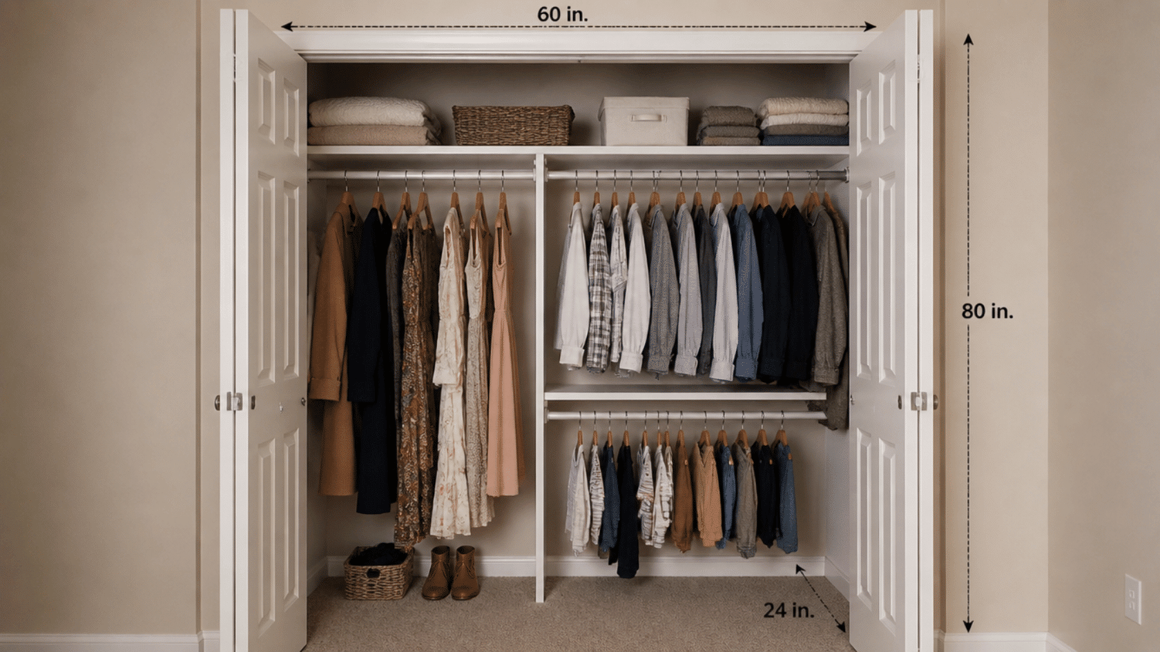 Reach-in closet with clothes, top shelf, single and double rods, and deeper section for coats.