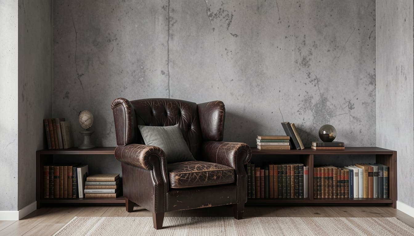 Minimalist reading nook with leather armchair, built-in bookshelves, concrete wall, and warm neutral tones.