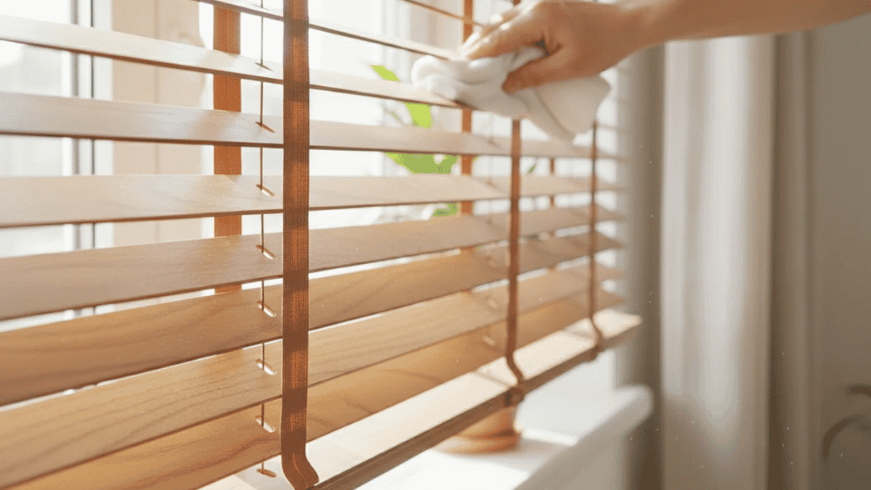 Hand wiping wooden window blinds with a cloth in soft natural daylight, close-up indoor cleaning scene.