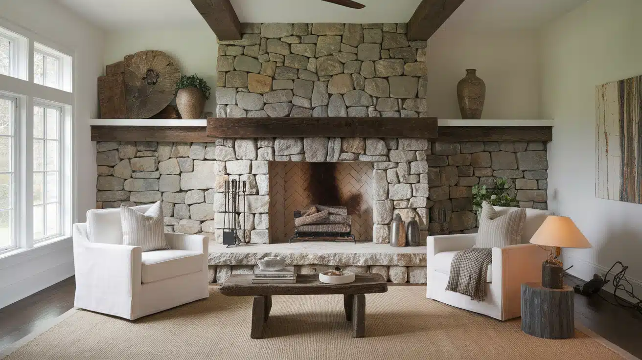 Vintage living room featuring a reclaimed rock fireplace with exposed wooden ceiling beams and white armchairs.