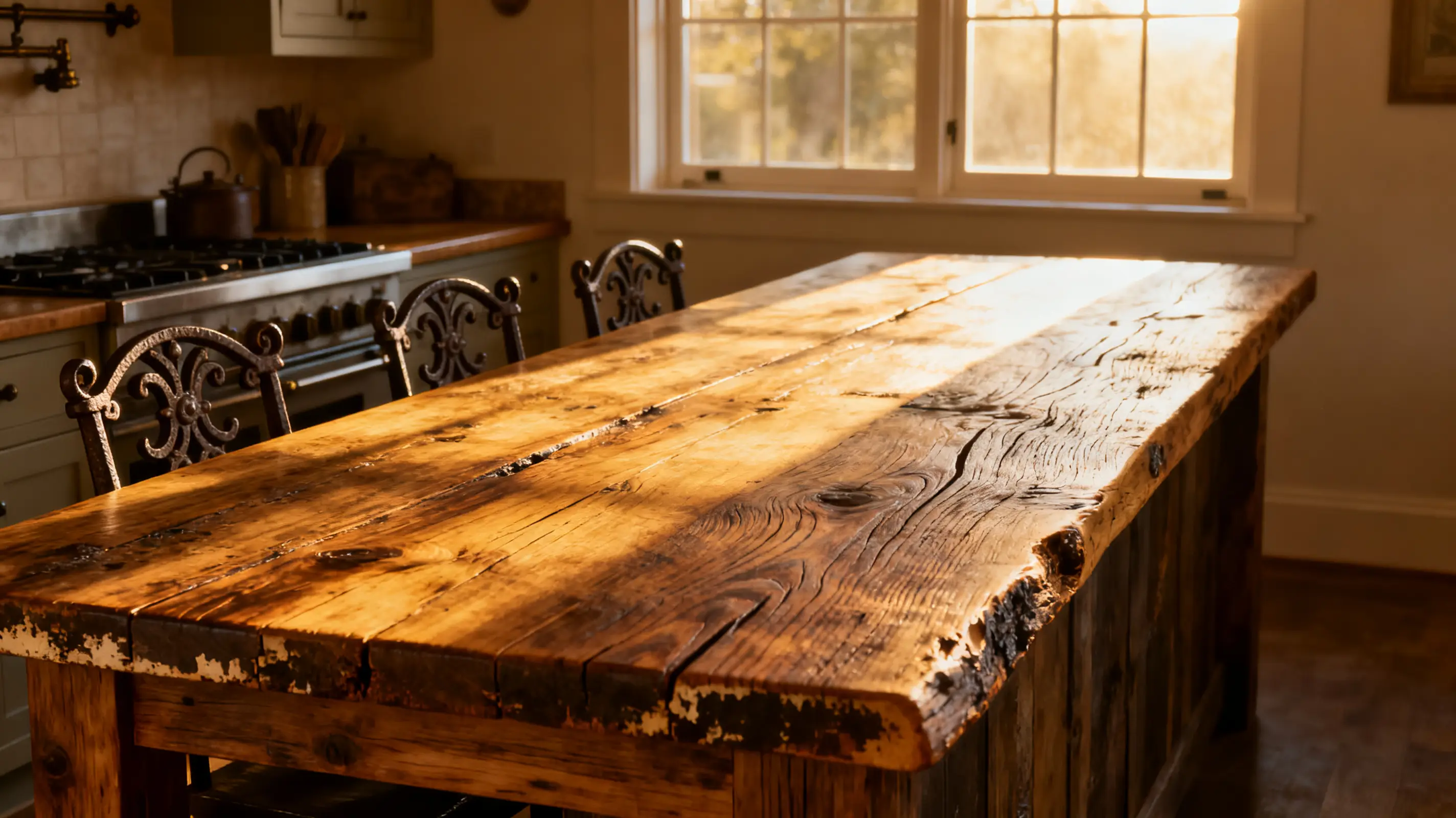 Rough-hewn wooden kitchen table in sunlight with metal chairs and stove in background