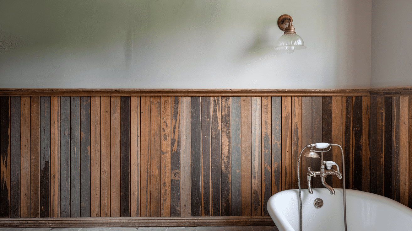 A rustic bathroom featuring dark reclaimed wood wainscoting panels behind a classic white clawfoot bathtub.