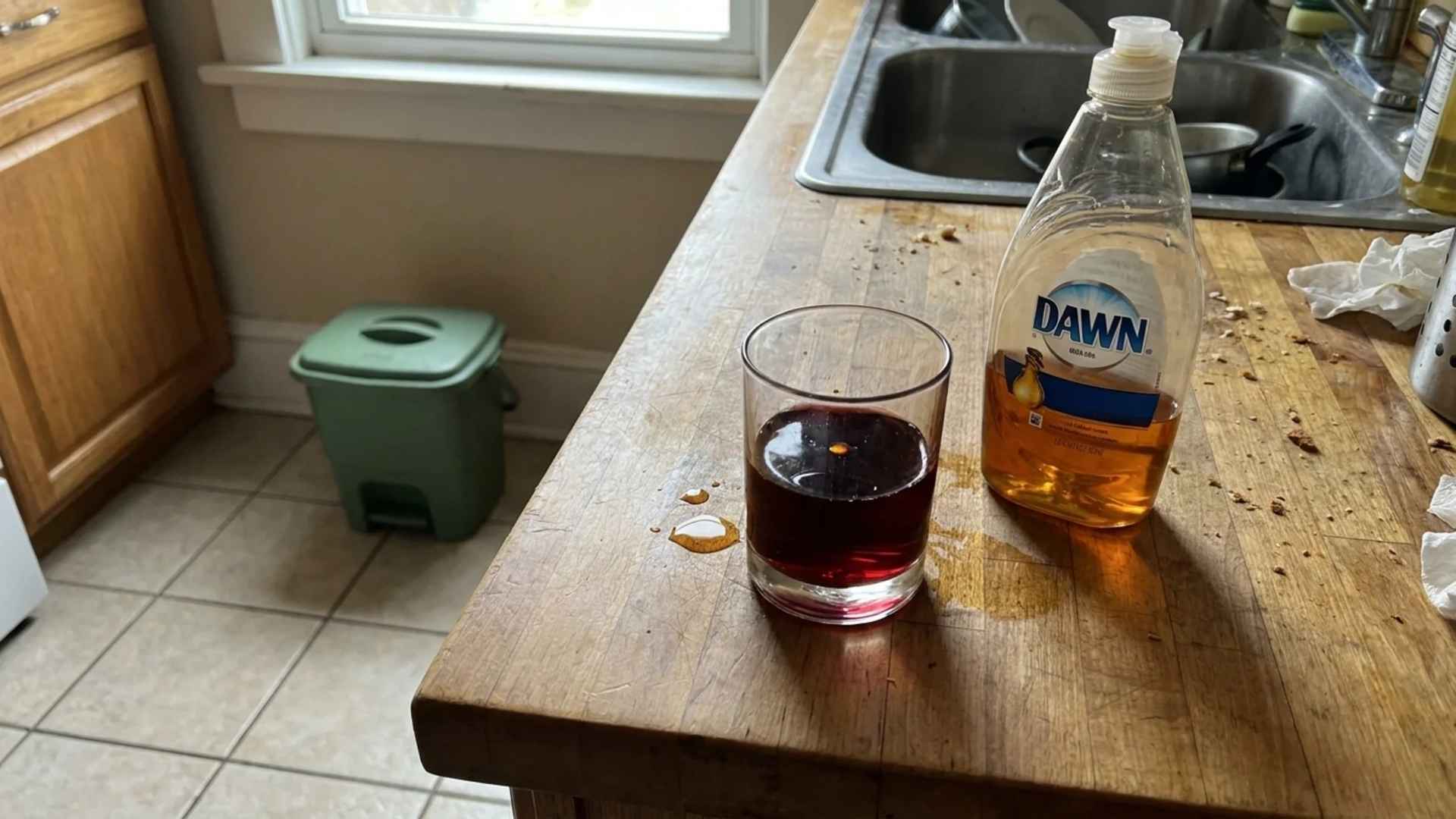 Red wine in a small bowl as a homemade gnat trap.