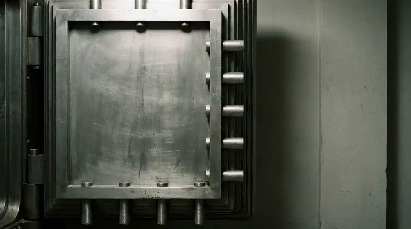 Large steel vault door with metal bolts in dimly lit room