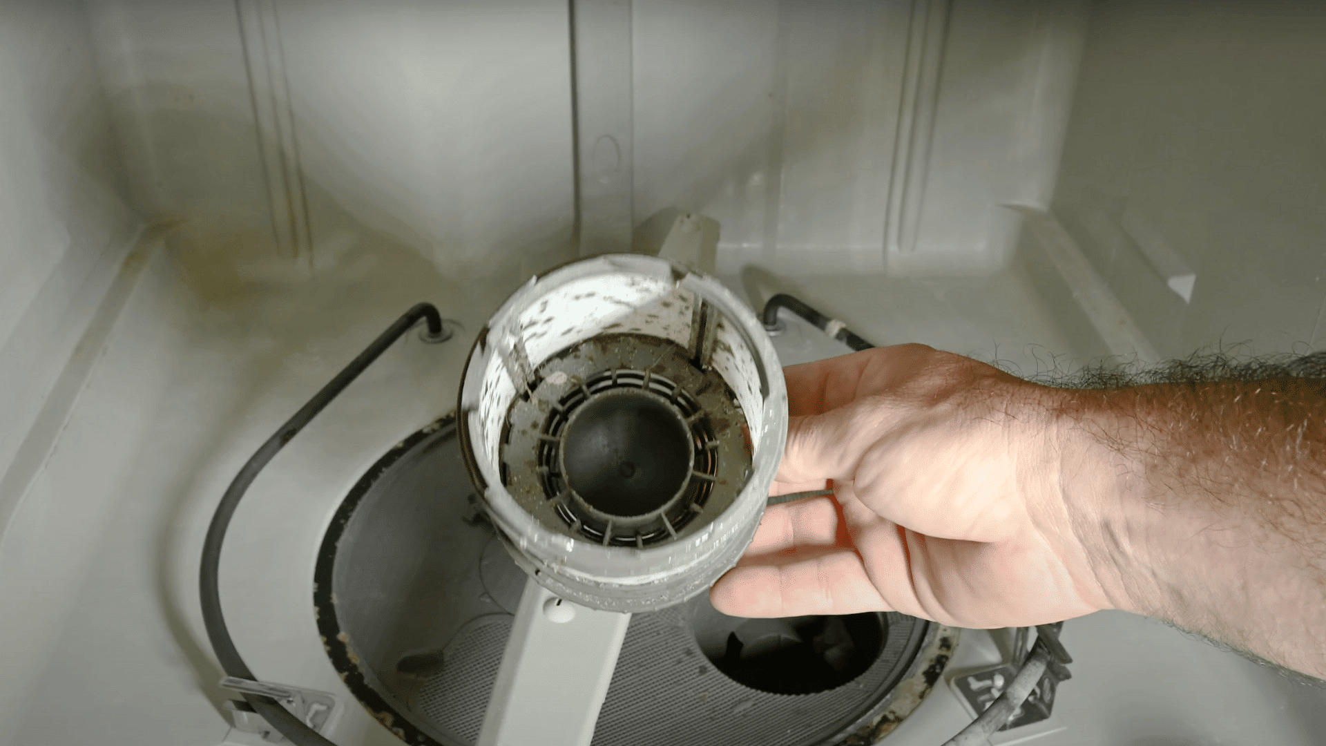 An image showing a person’s hand removing a dirty, cylinder-shaped filter from the bottom basin of an open dishwasher.
