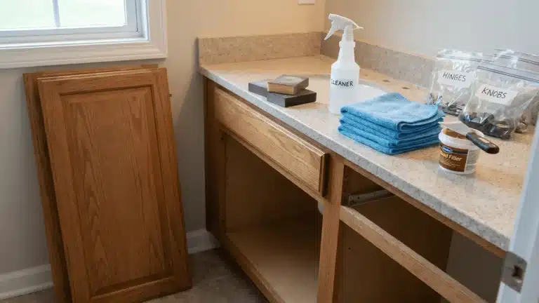 Removed bathroom cabinet doors with sanding tools, cleaner, microfiber cloths, and labeled hardware bags nearb