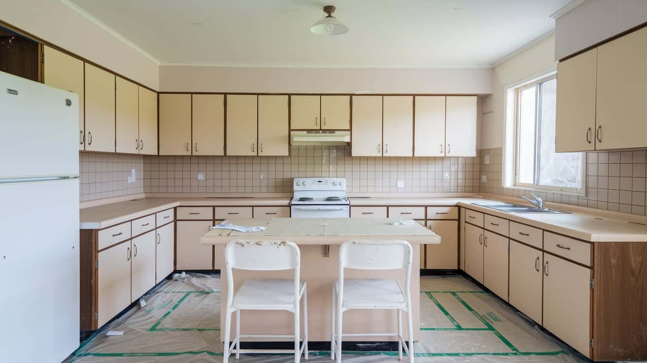 A kitchen under renovation with light wood cabinets, white appliances, and an island over a floor lined with green tape.