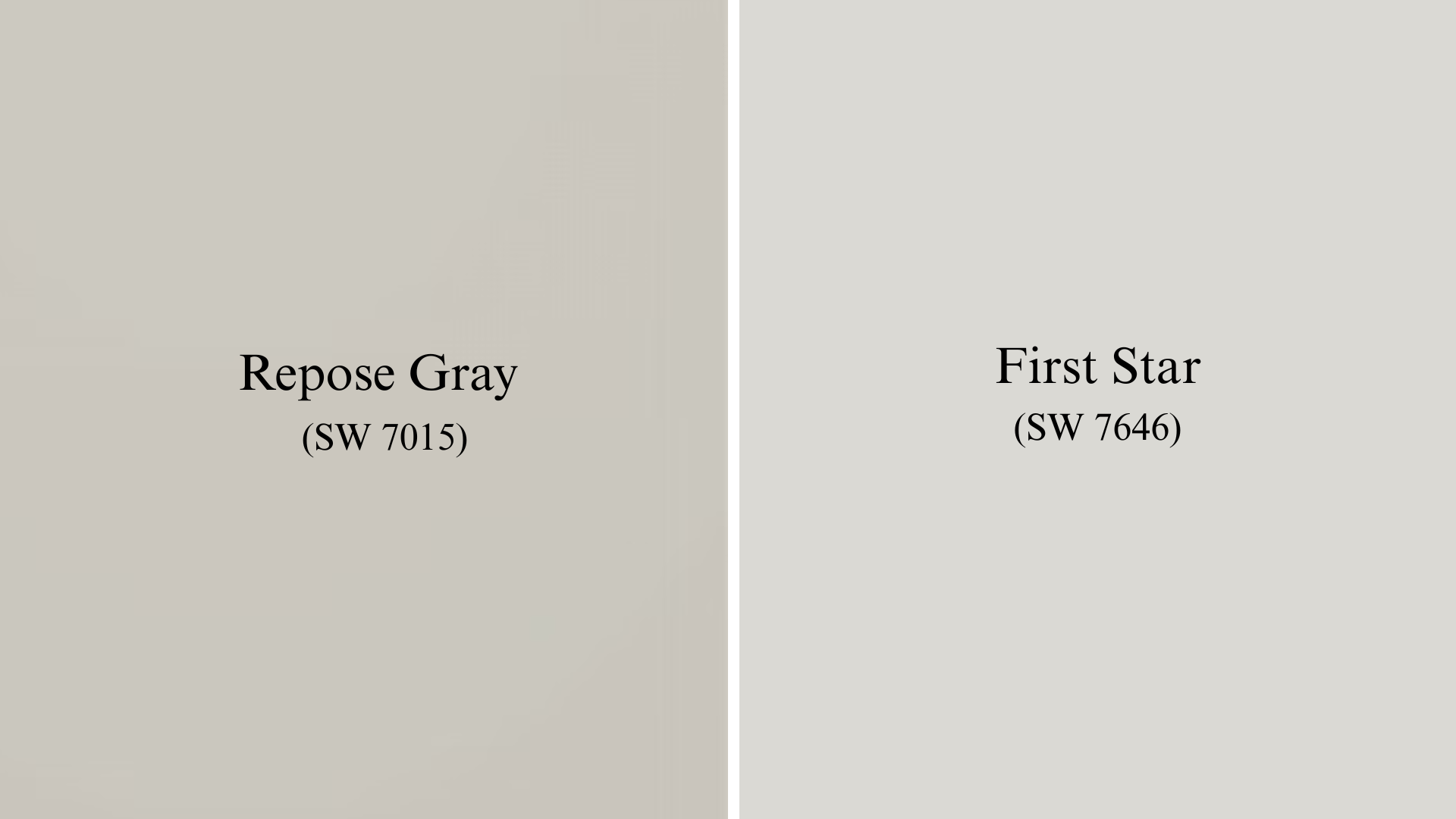 A side-by-side color comparison of Benjamin Moore Gray Owl on the left and Sherwin-Williams First Star on the right.