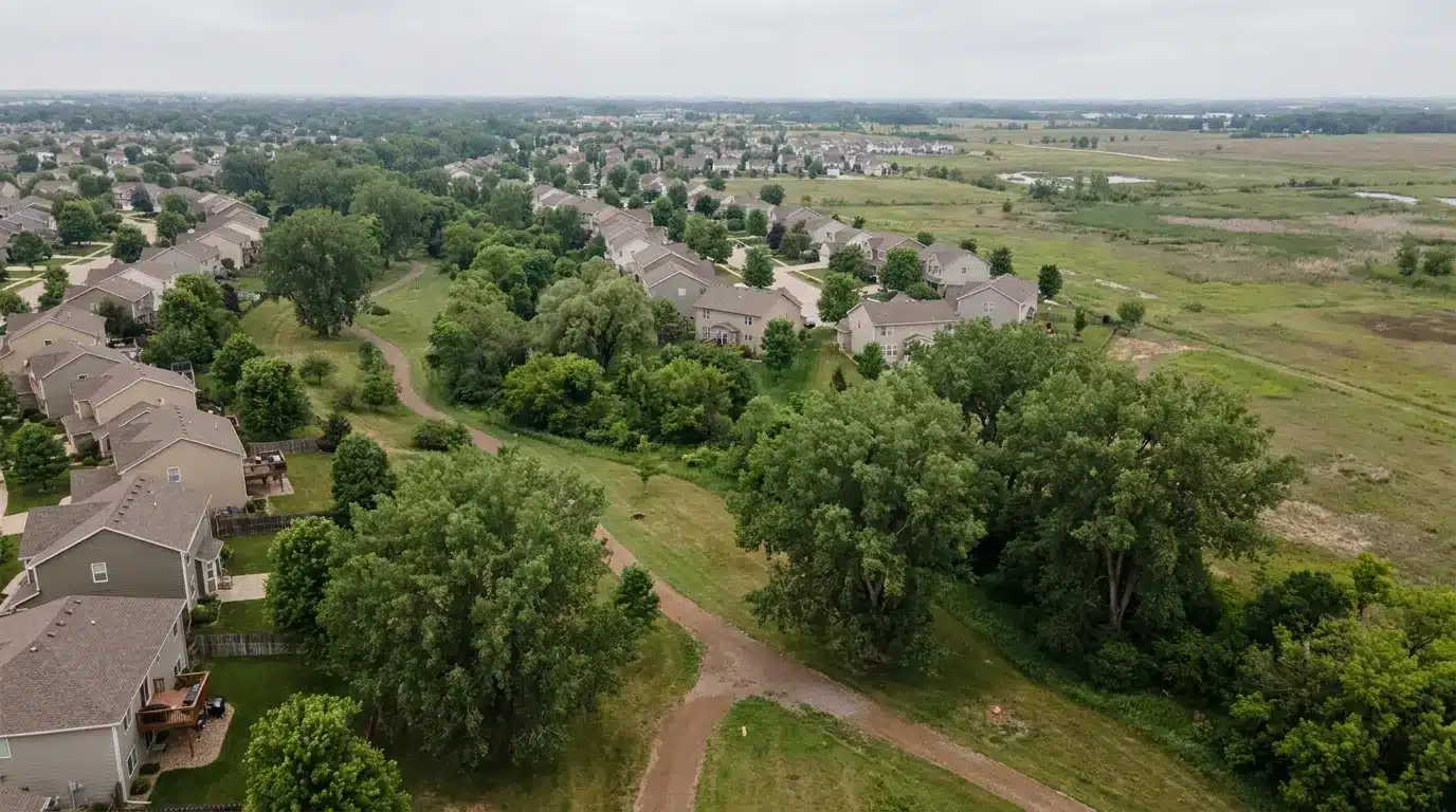 Residential neighborhood with cloudy sky, winding path, and surrounding green trees and open fields