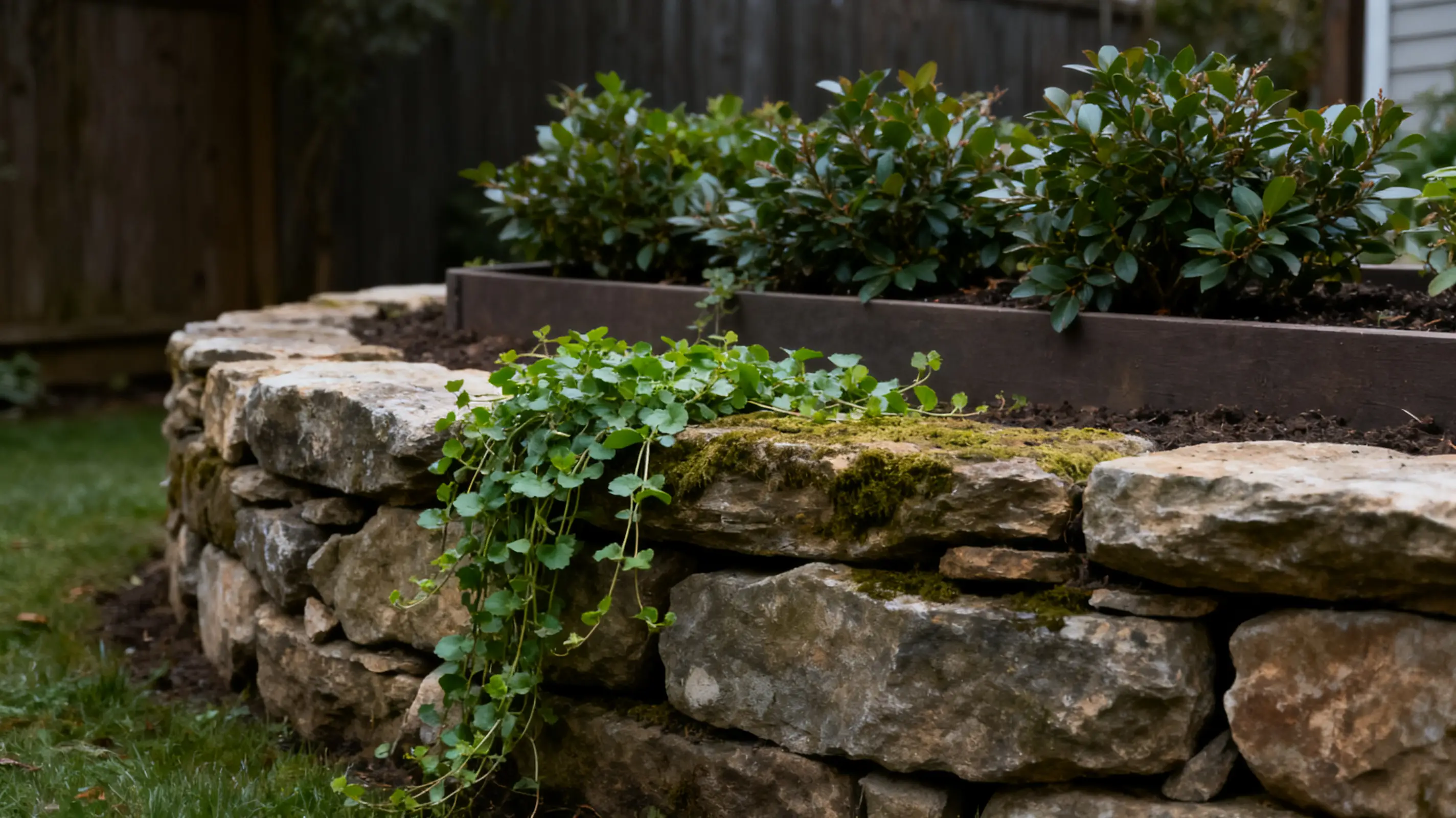 Stone garden wall with creeping plants and shrubbery in a backyard setting