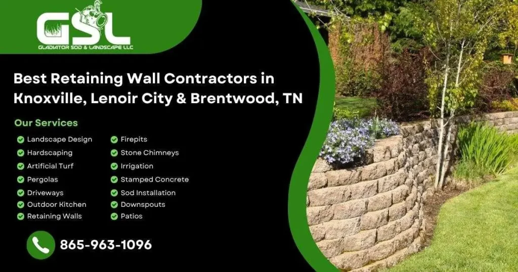 Curved stone retaining wall in landscaped garden with flowers and trees