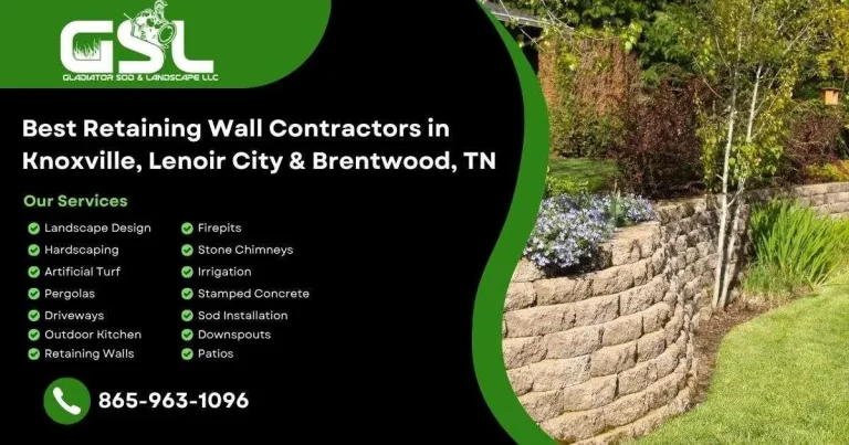 Curved stone retaining wall in landscaped garden with flowers and trees