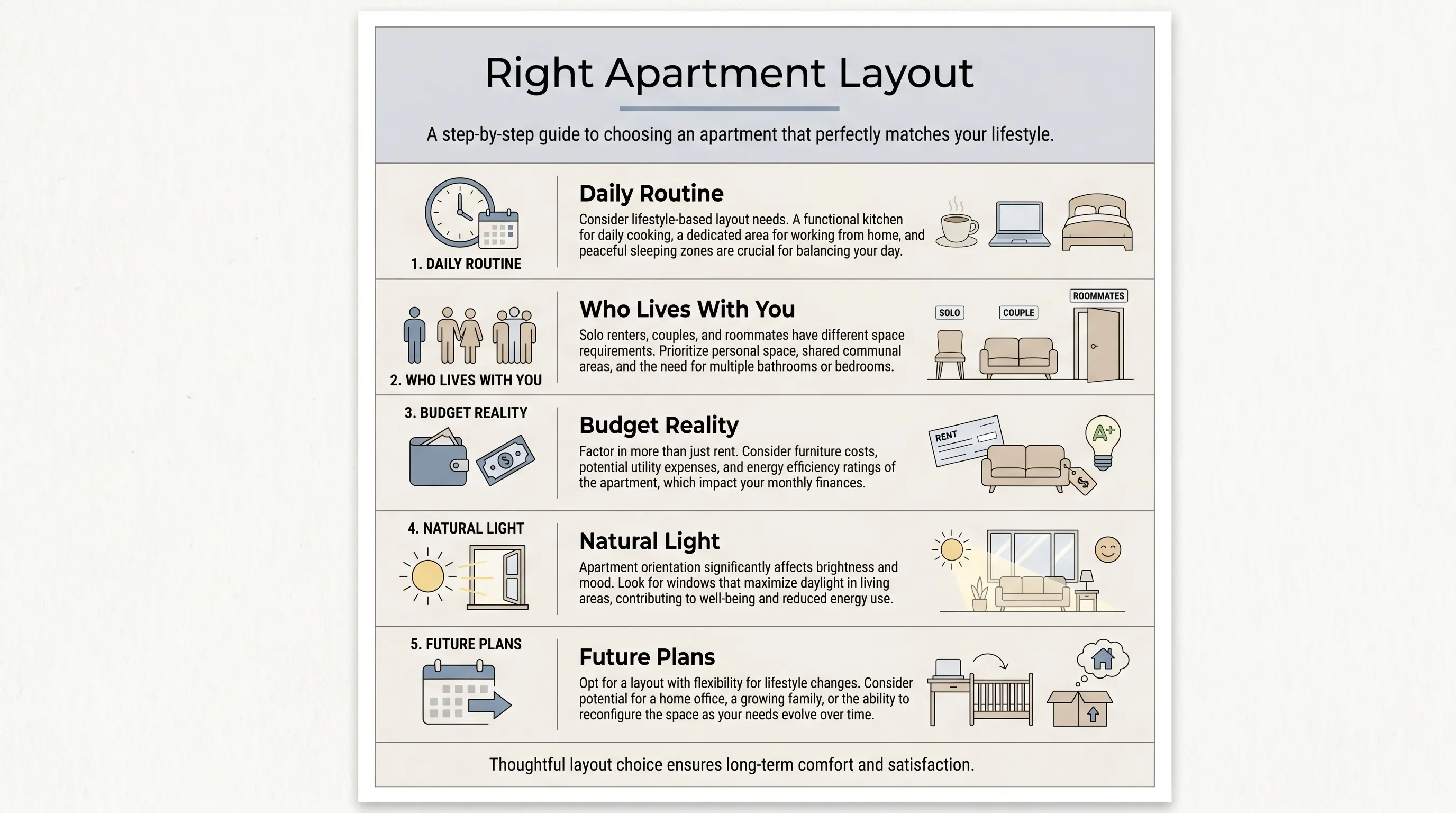 Clean modern infographic showing five key factors for choosing an apartment layout including lifestyle, budget, natural light, and future planning.