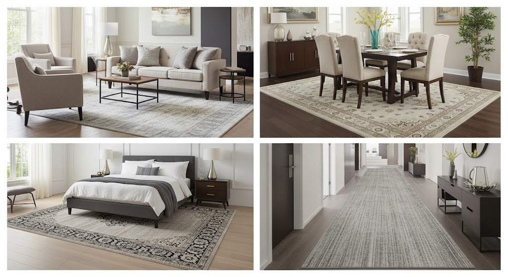 A four-panel collage showing examples of proper rug placement in a living room, dining room, bedroom, and hallway.