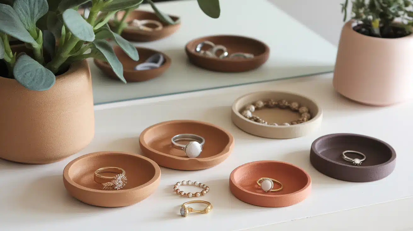 Small, circular ceramic jewelry dishes in earth tones holding rings, arranged neatly on a white surface next to plants.