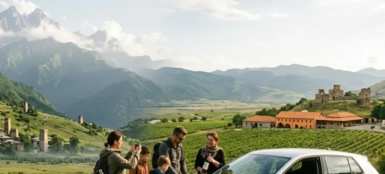 Family enjoying a scenic vineyard view with mountains in the background, near a parked car