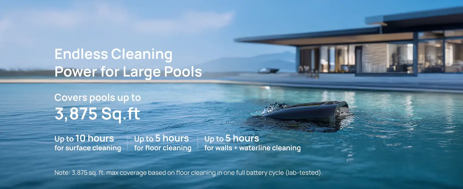 Robotic pool cleaner gliding on large modern pool with sleek house in background