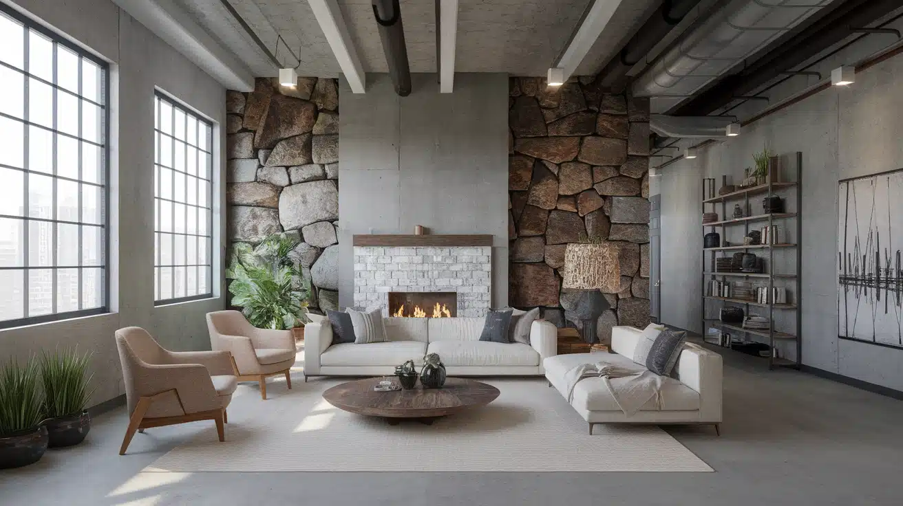 Industrial loft living room with rough stone accent walls, poured concrete pillars, a linear fireplace, and white furniture.