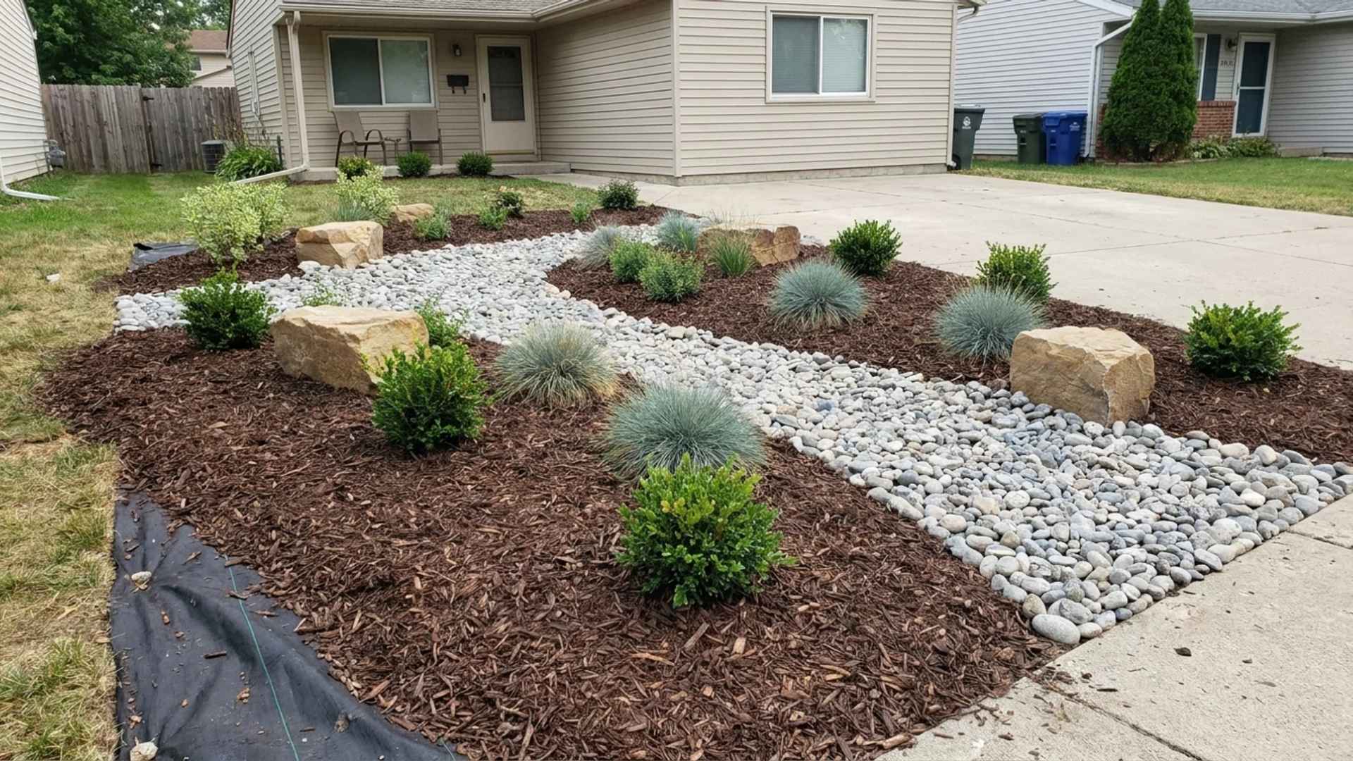 Front yard rock and mulch landscape with river rocks, shrubs, and ornamental grasses near a driveway.