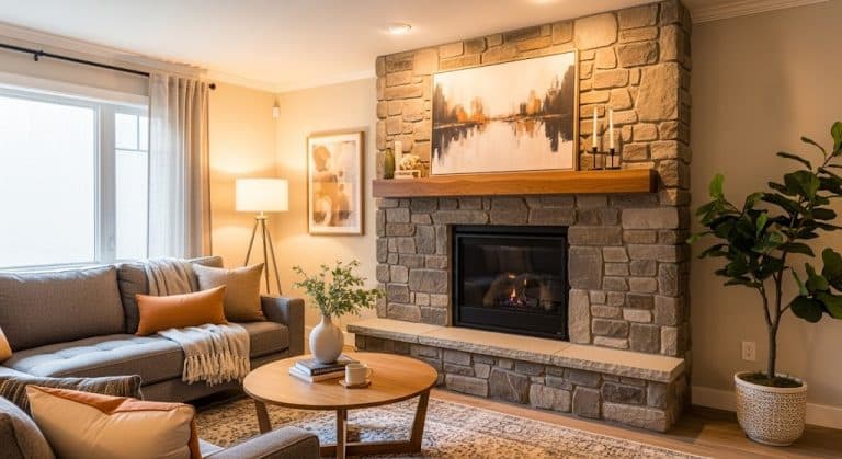 Modern living room featuring a large stone rock fireplace with a wooden mantel, a gray sofa, and a round coffee table.