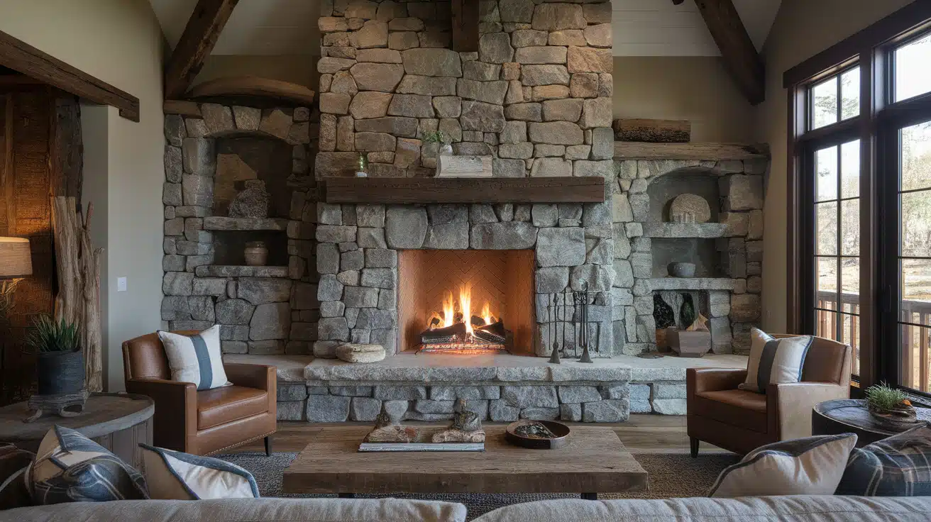 Rustic living room with a stone fireplace featuring a dark timber mantel, built-in shelving, and leather armchairs.