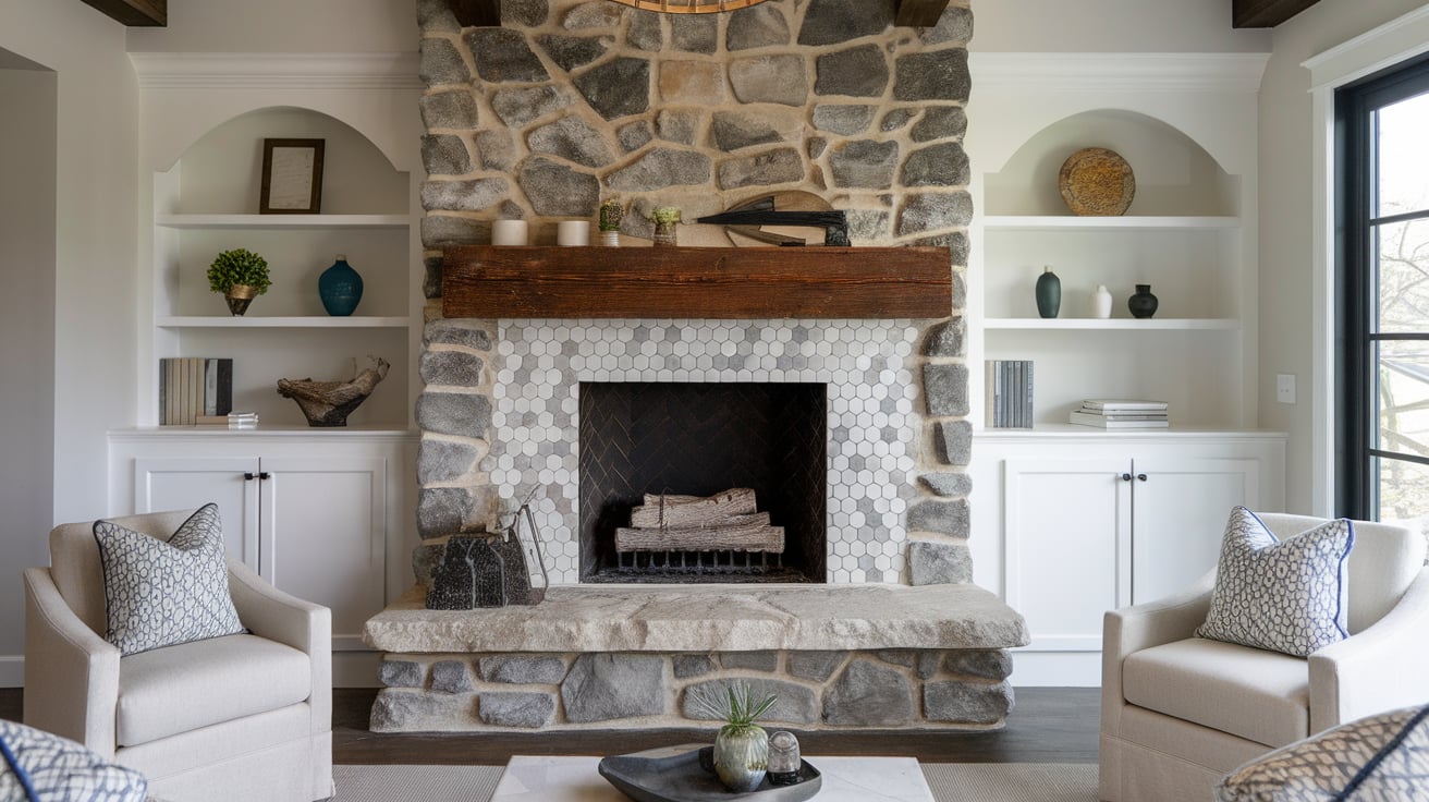 Rock fireplace with geometric tile accents inside the firebox, a wooden mantel, and white built-in arched shelving.