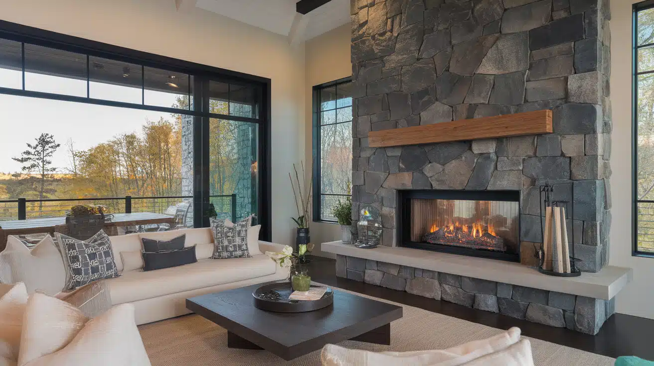 Modern living room featuring a gray stone fireplace with a sleek glass firebox, a wood mantel, and large patio windows.