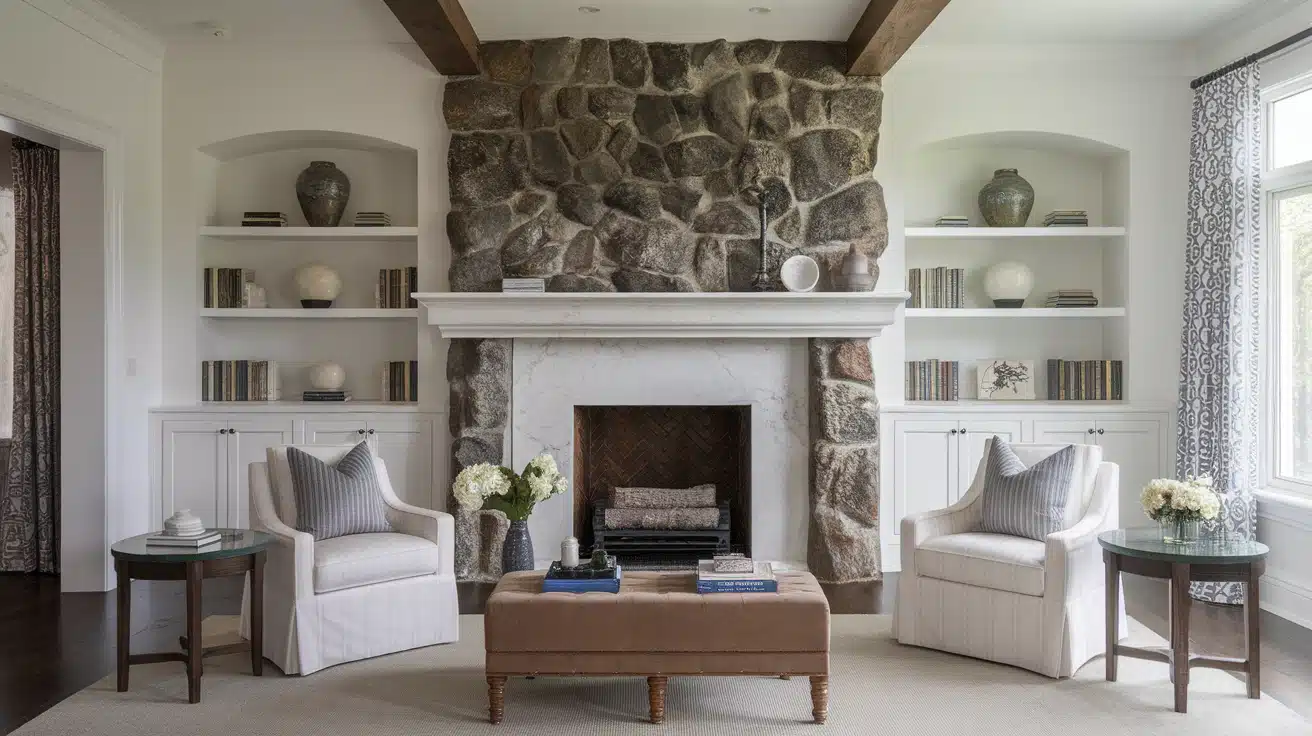 Traditional living room featuring a rough stone fireplace paired with a polished white marble mantelpiece.