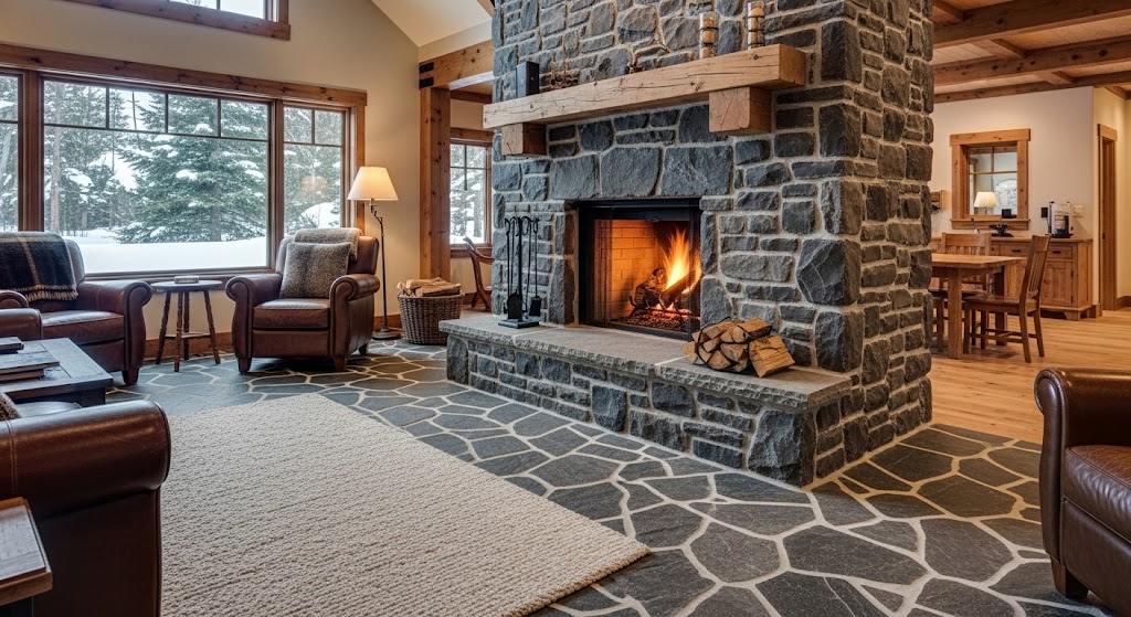 Cozy living room featuring a massive stacked stone fireplace that connects seamlessly with matching flagstone flooring.
