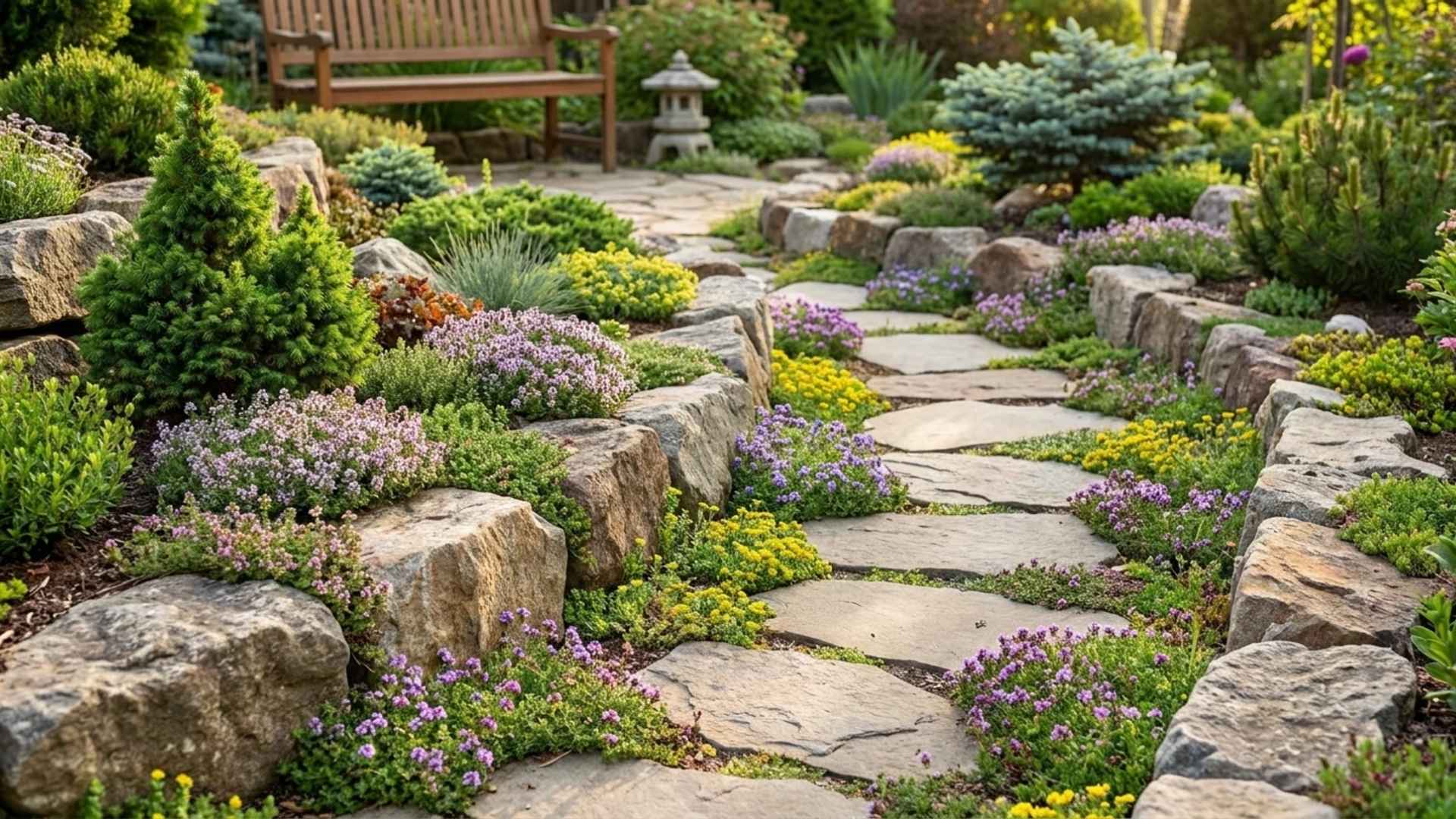 Stone pathway lined with rock garden plants, flowers, and natural stone edging.