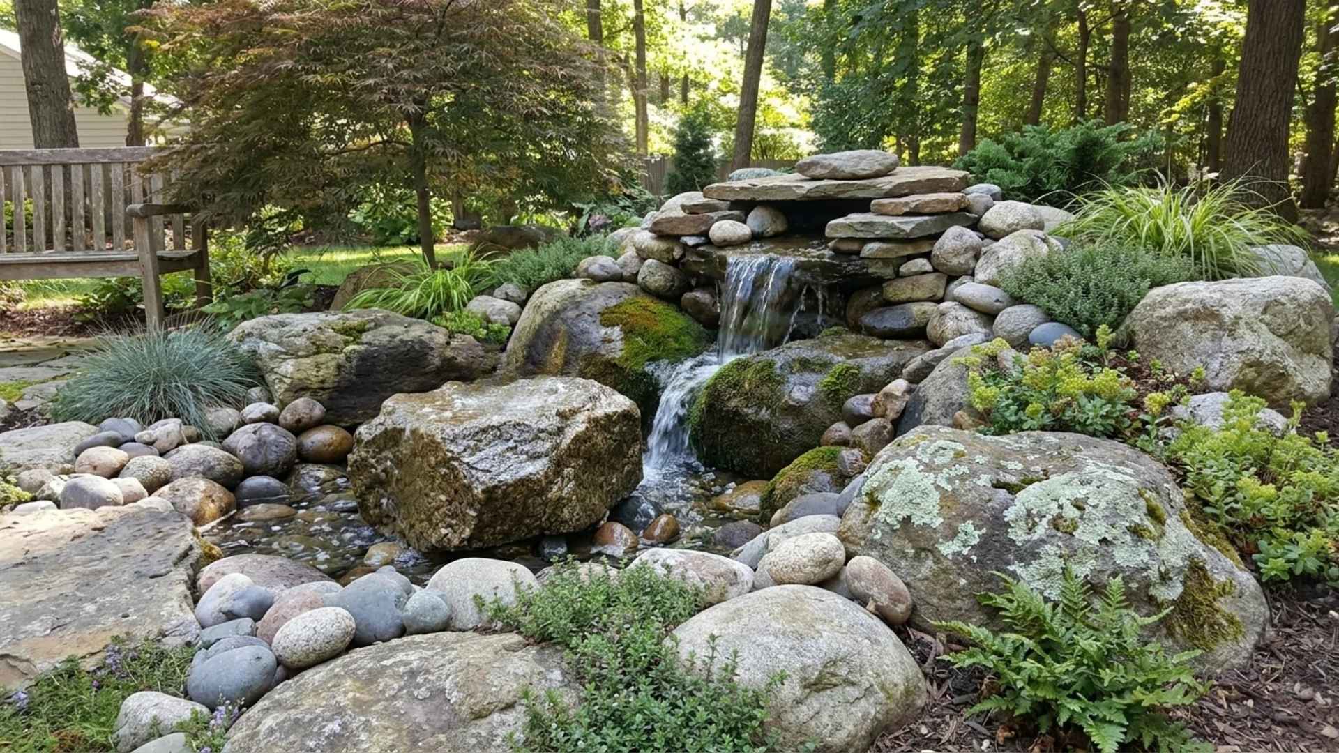 Backyard rock garden waterfall with natural boulders, flowing water, and lush greenery.